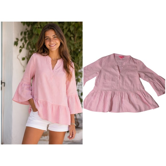 Lilly Pulitzer Tops - Lilly Pulitzer Bekah 100% Linen Pink Blouse Top Sz Small